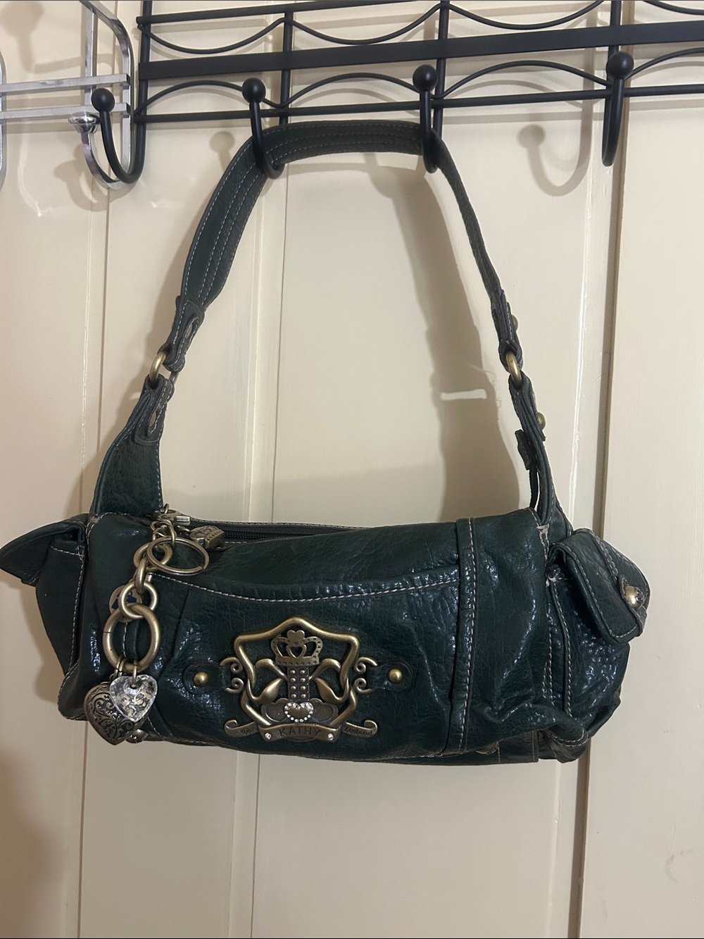 Kathy Van Zeeland Forest Green Vinyl Shoulder Bag with Crest and Charm
